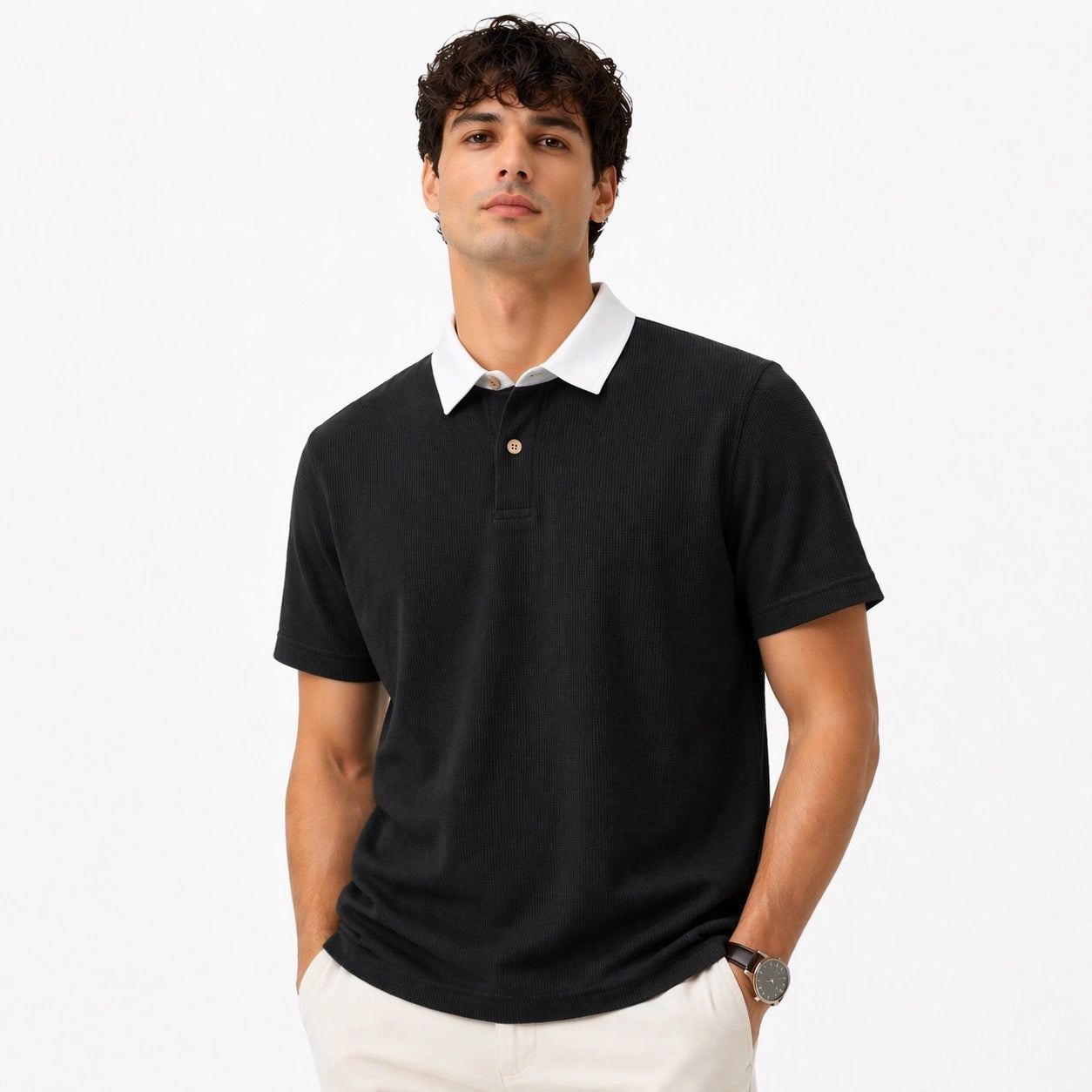 ZARA RUGBY COLLAR WAFFLE KNIT POLO SHIRT (BLACK)