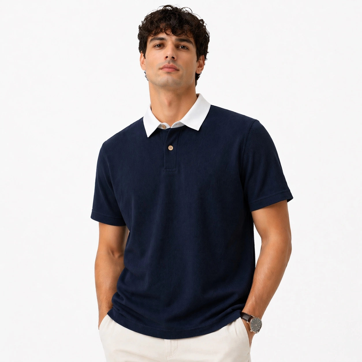 ZARA RUGBY COLLAR WAFFLE KNIT POLO SHIRT (NAVY BLUE)