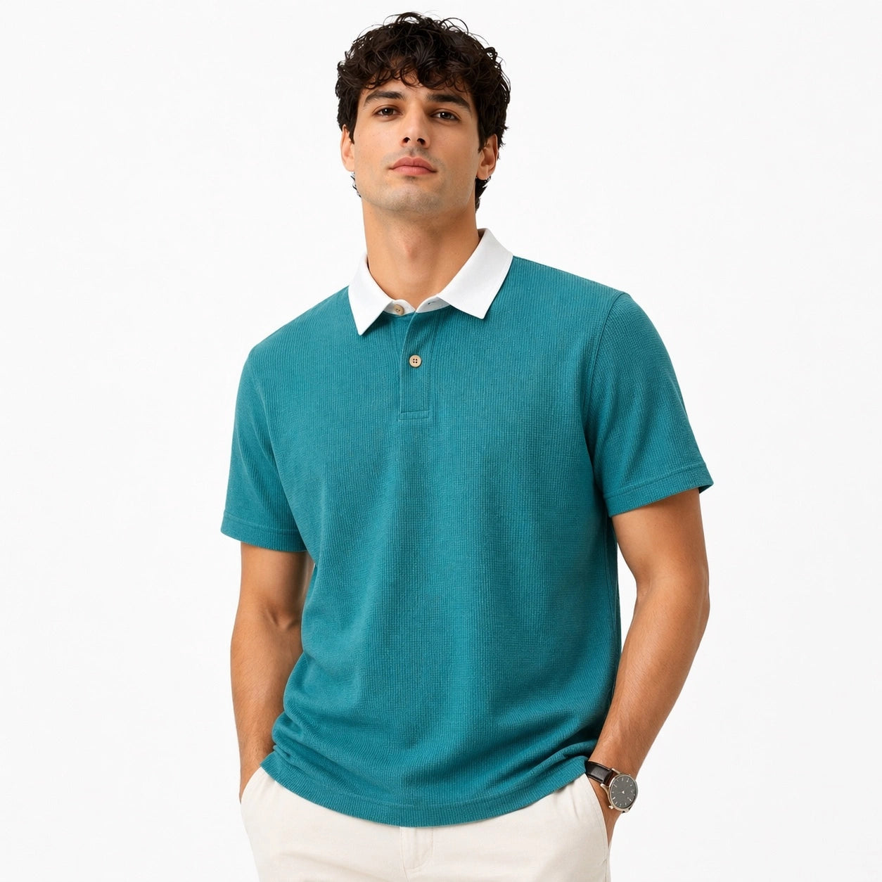 ZARA RUGBY COLLAR WAFFLE KNIT POLO SHIRT (TEAL)
