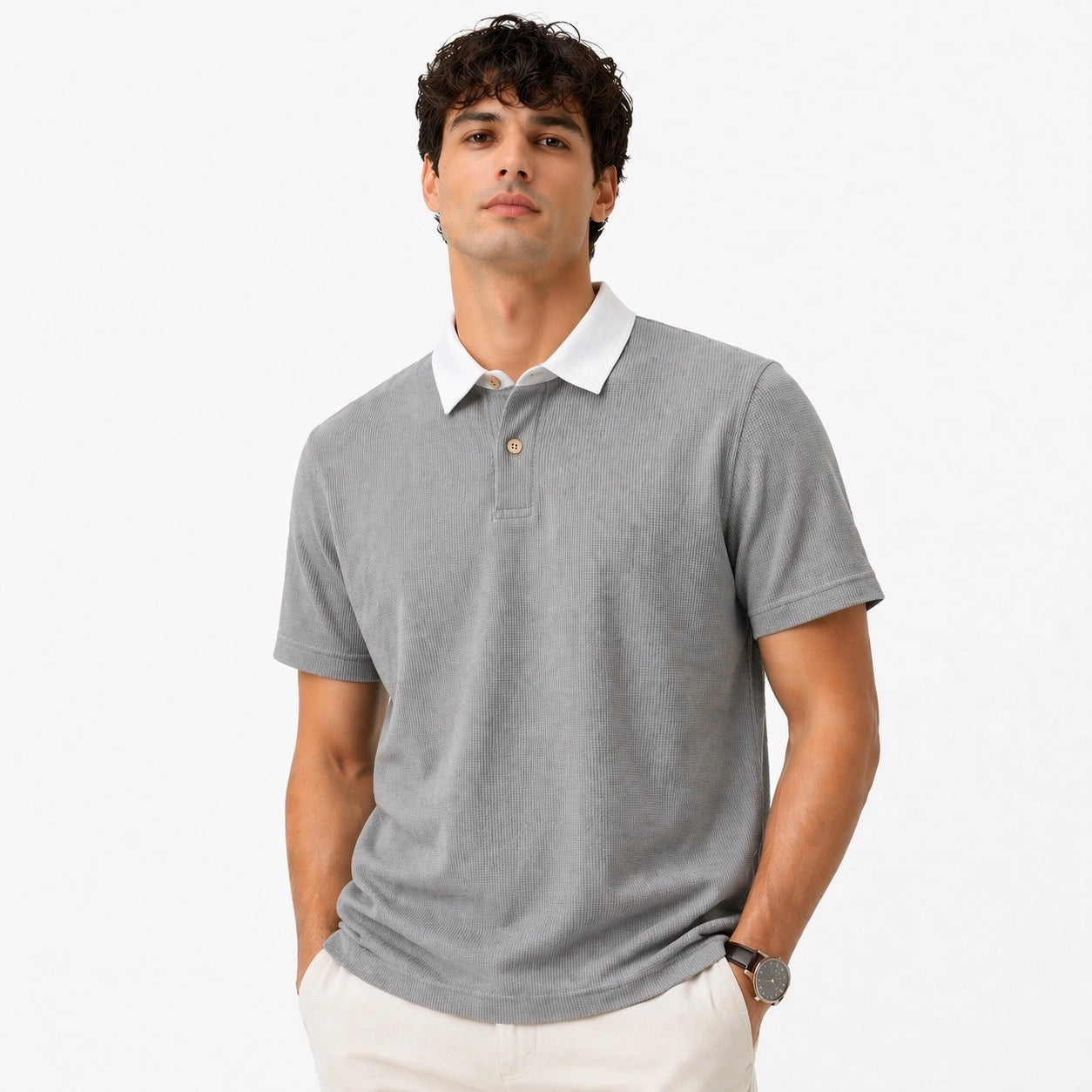 ZARA RUGBY COLLAR WAFFLE KNIT POLO SHIRT (HEATHER GREY)