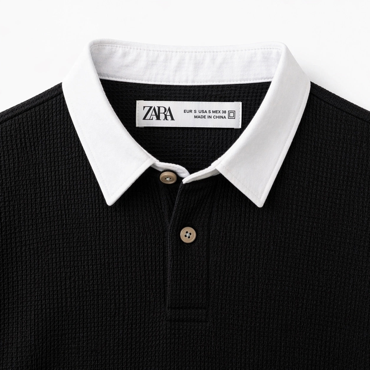 ZARA RUGBY COLLAR WAFFLE KNIT POLO SHIRT (BLACK)