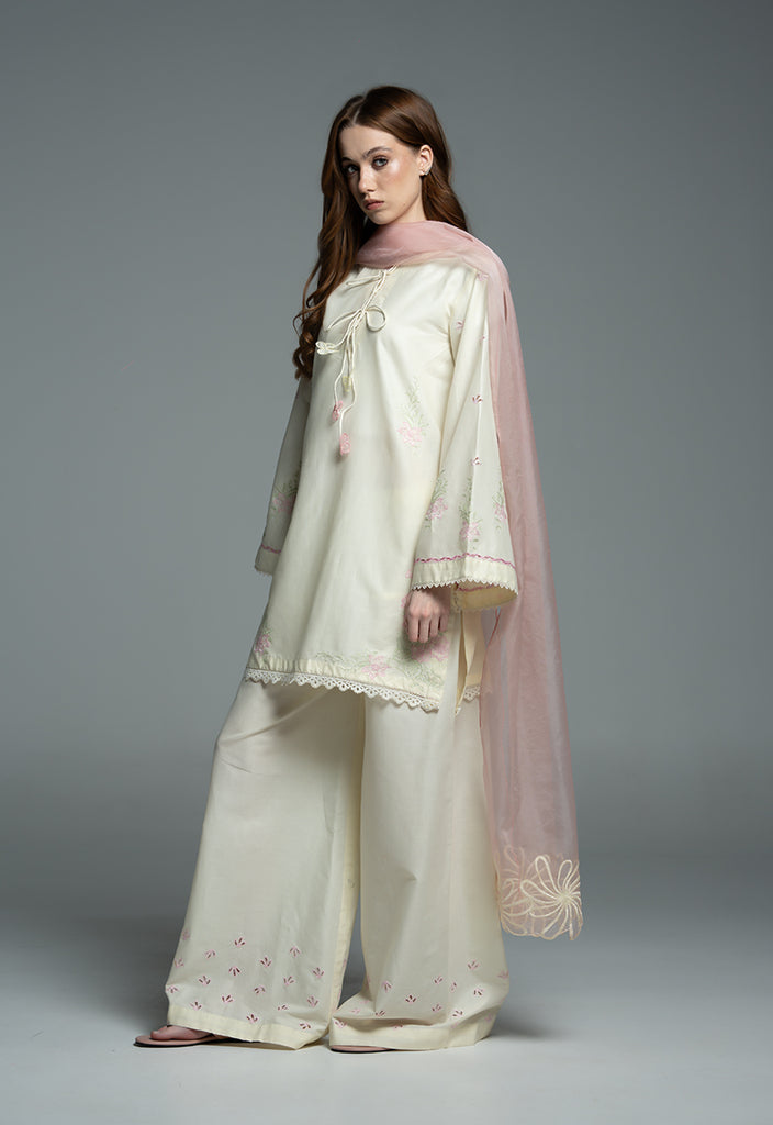 URB Buttery Yellow Embroidered Cotton Set with Organza Dupatta