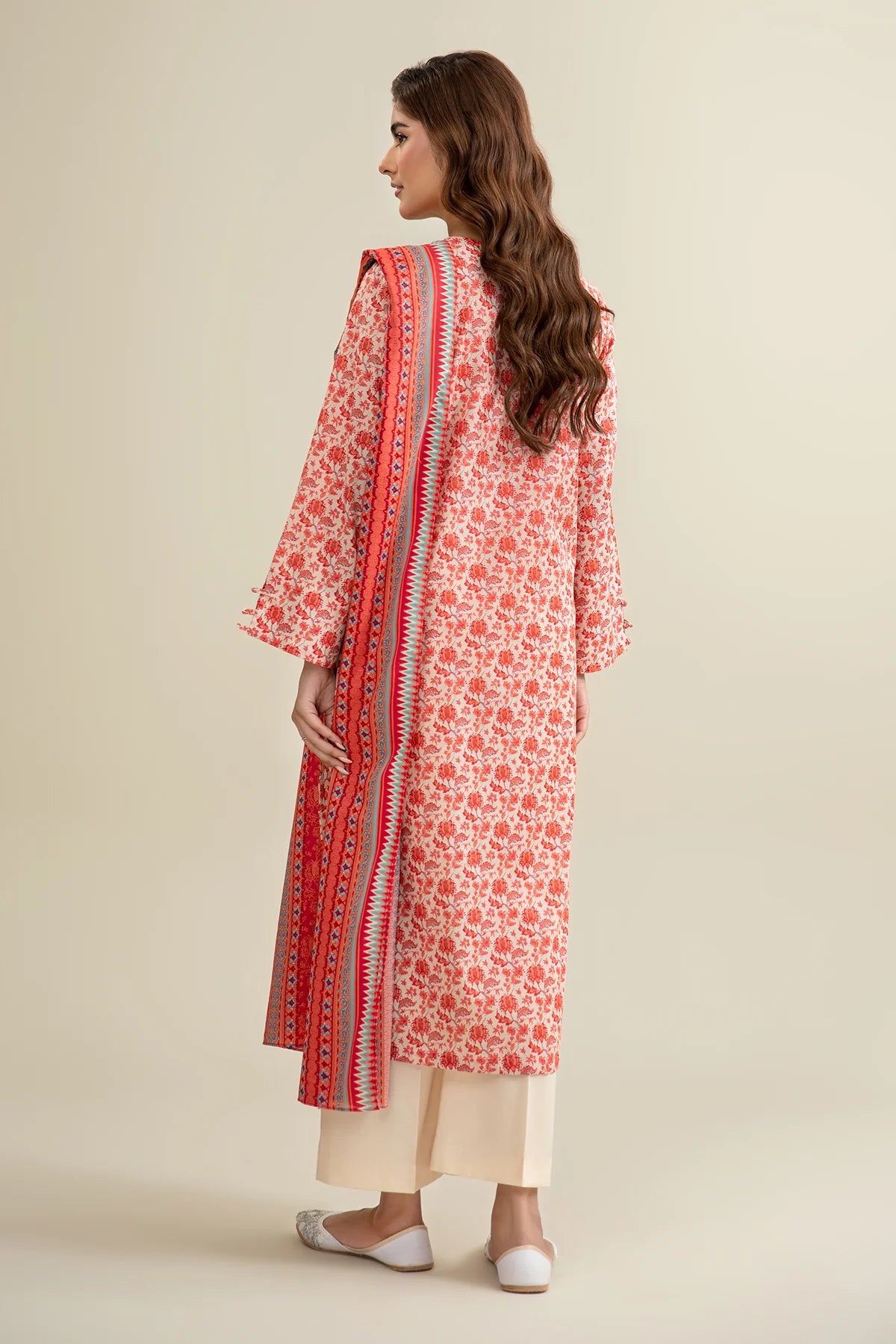 URB Red 3-Piece Unstitched Lawn Suit with Off White Shalwar