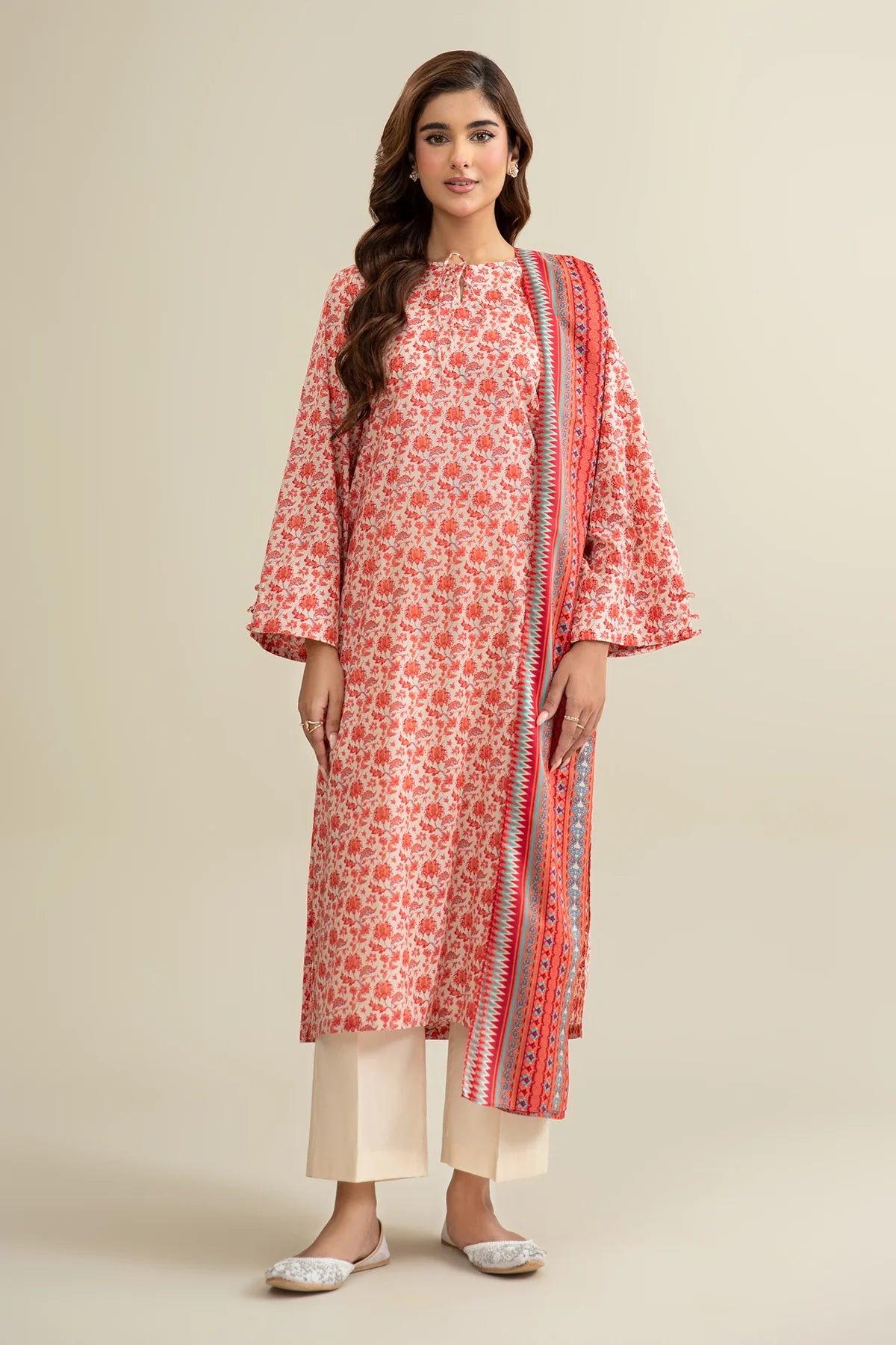 URB Red 3-Piece Unstitched Lawn Suit with Off White Shalwar