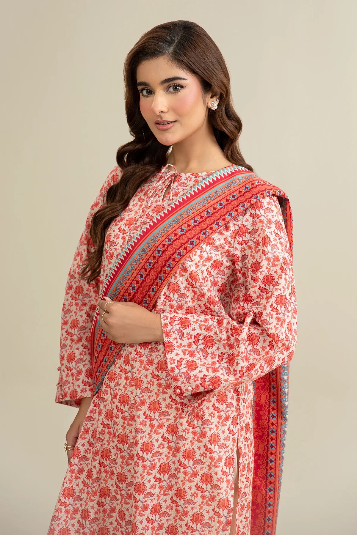 URB Red 3-Piece Unstitched Lawn Suit with Off White Shalwar