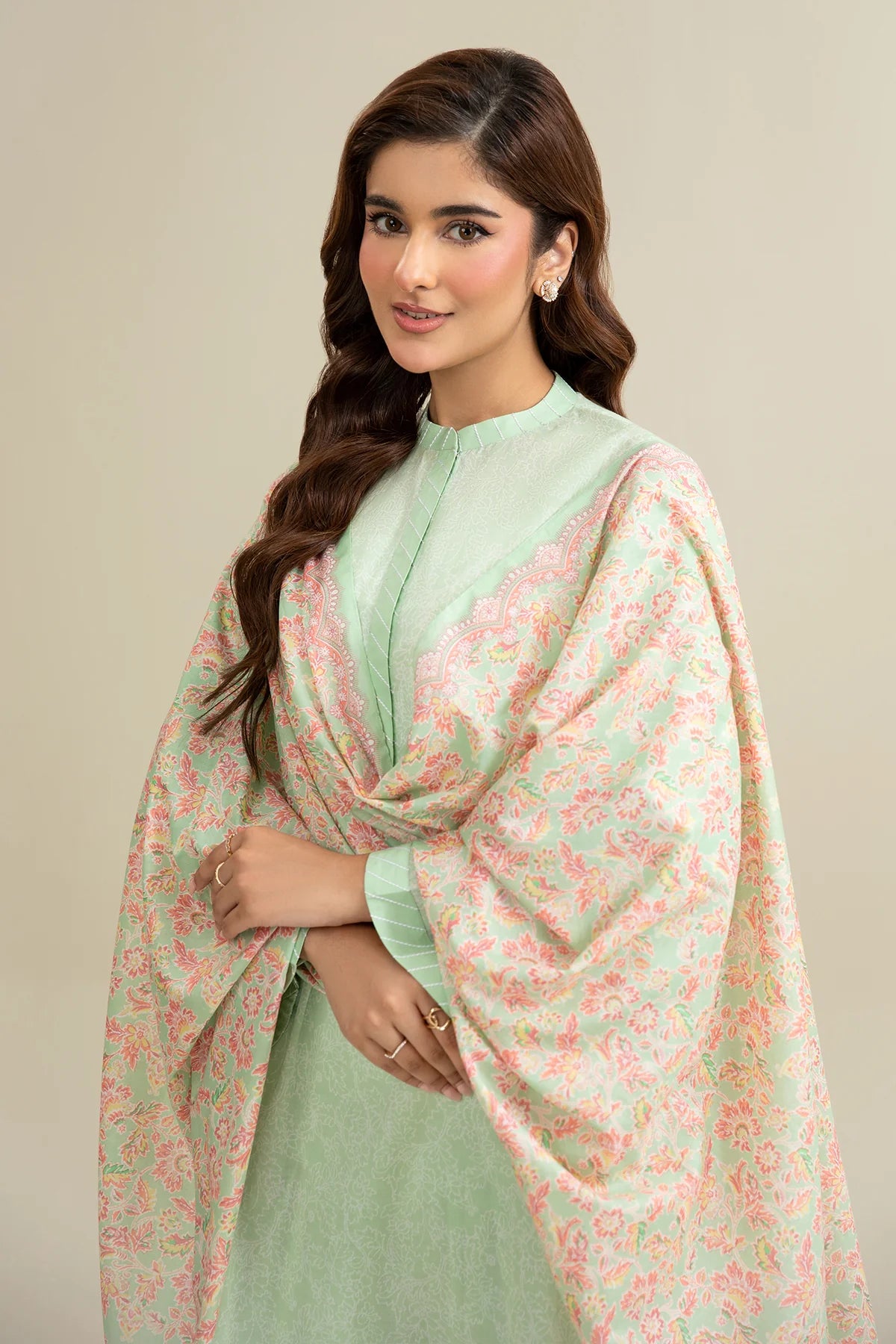 URB Green 3-Piece Unstitched Lawn Suit with Printed Dupatta