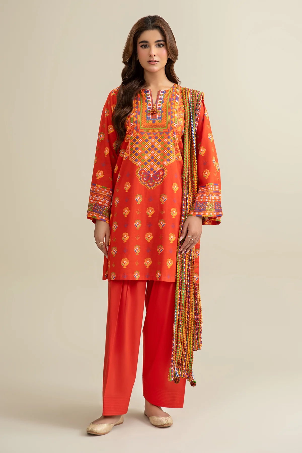 URB Red 3-Piece Unstitched Lawn Suit with Printed Dupatta