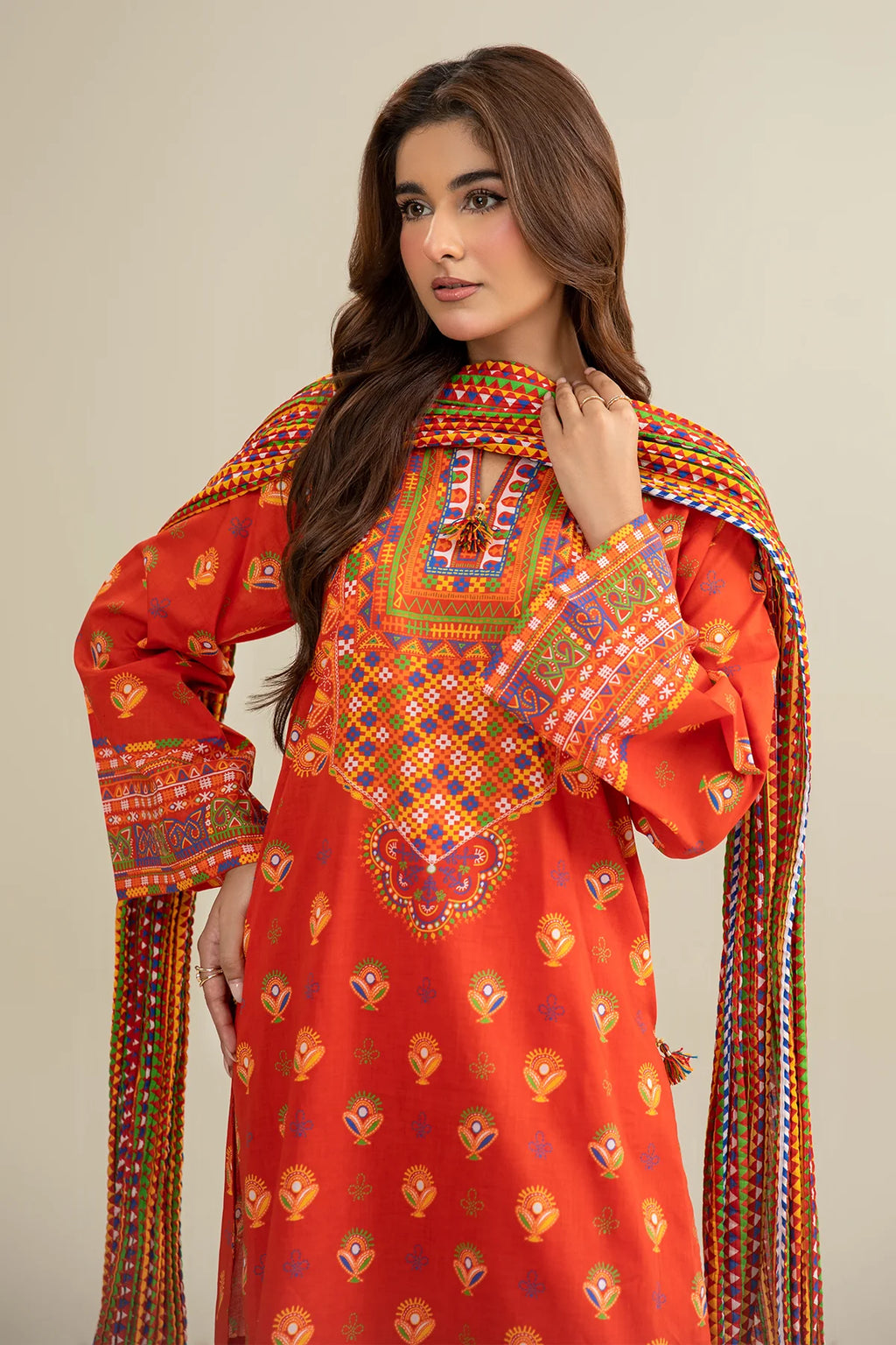 URB Red 3-Piece Unstitched Lawn Suit with Printed Dupatta