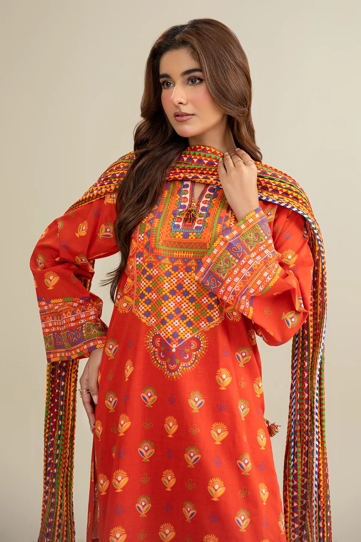 URB Red 3-Piece Unstitched Lawn Suit with Printed Dupatta