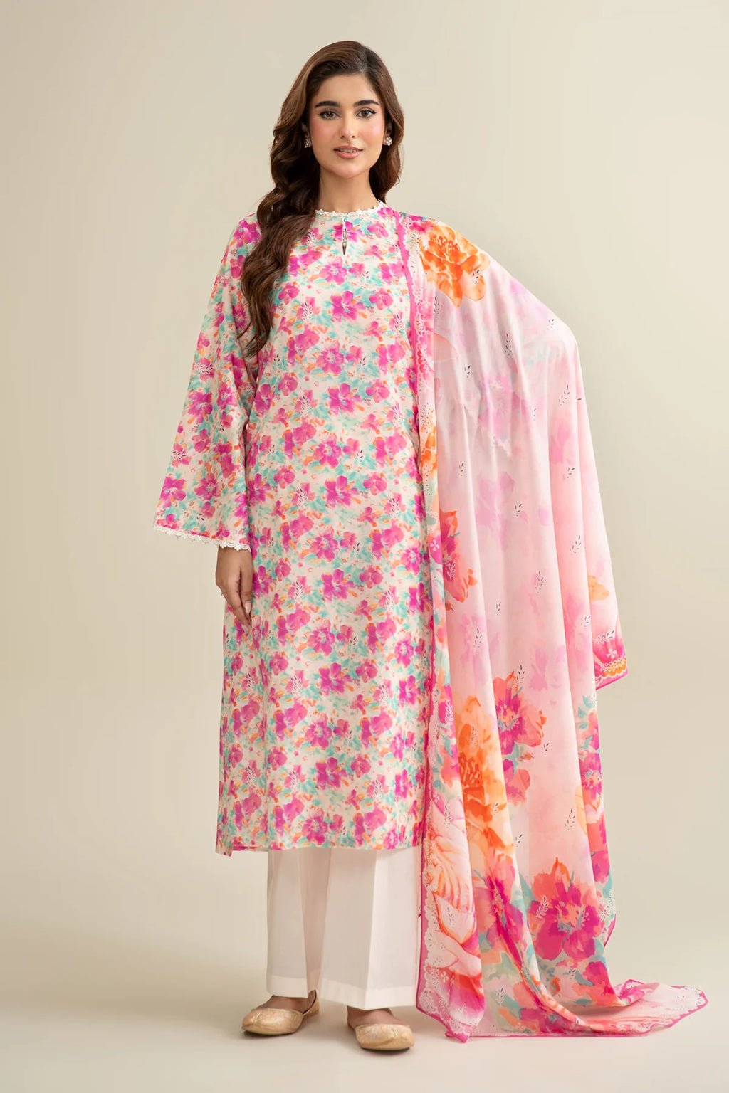 URB Multi Color 3-Piece Unstitched Lawn Suit with Printed Dupatta