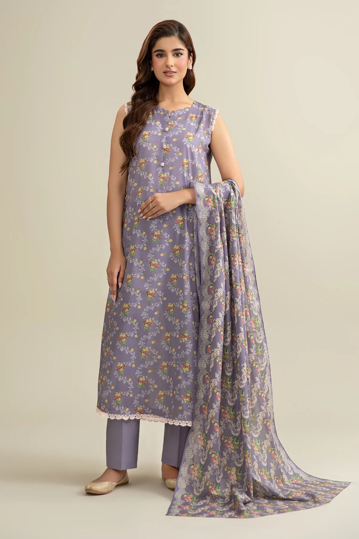 URB Lilac 3-Piece Unstitched Lawn Suit with Printed Dupatta