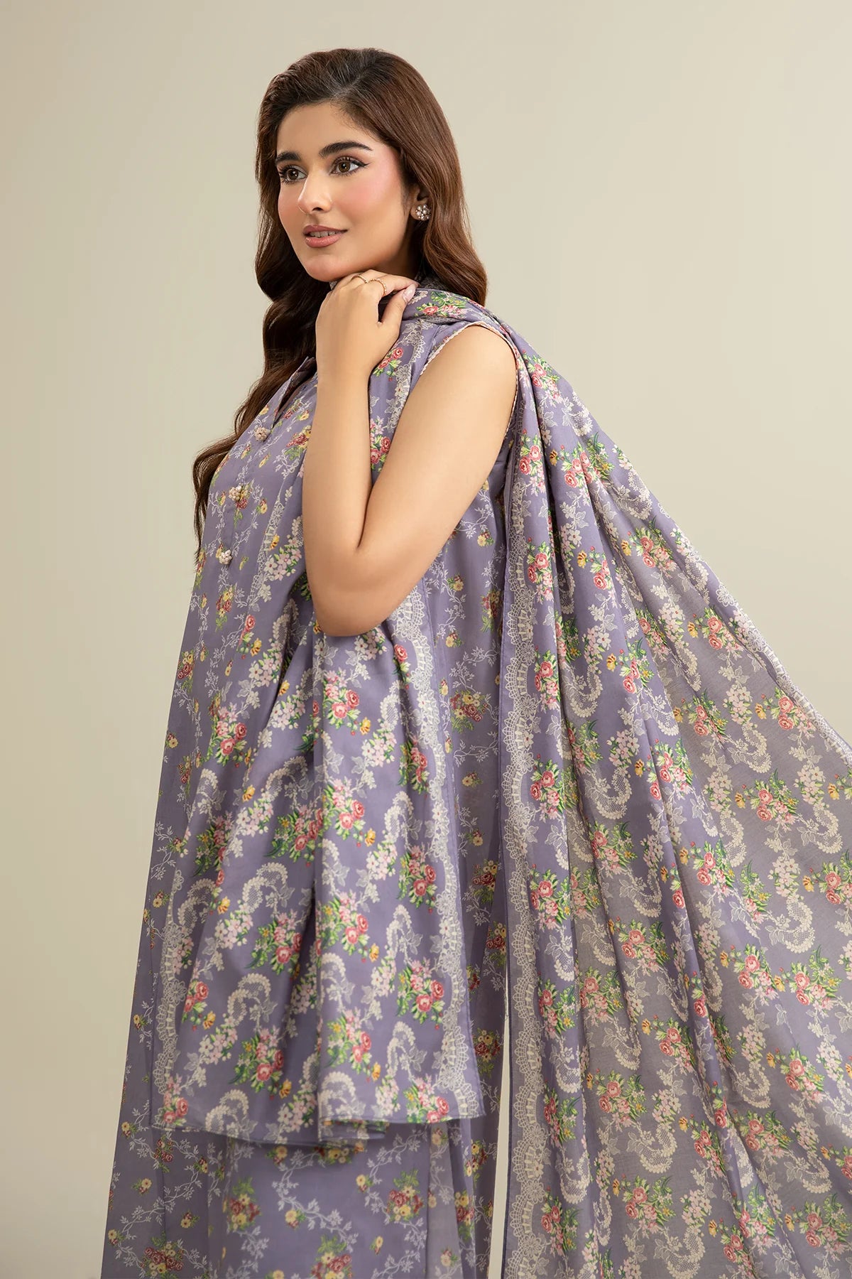 URB Lilac 3-Piece Unstitched Lawn Suit with Printed Dupatta
