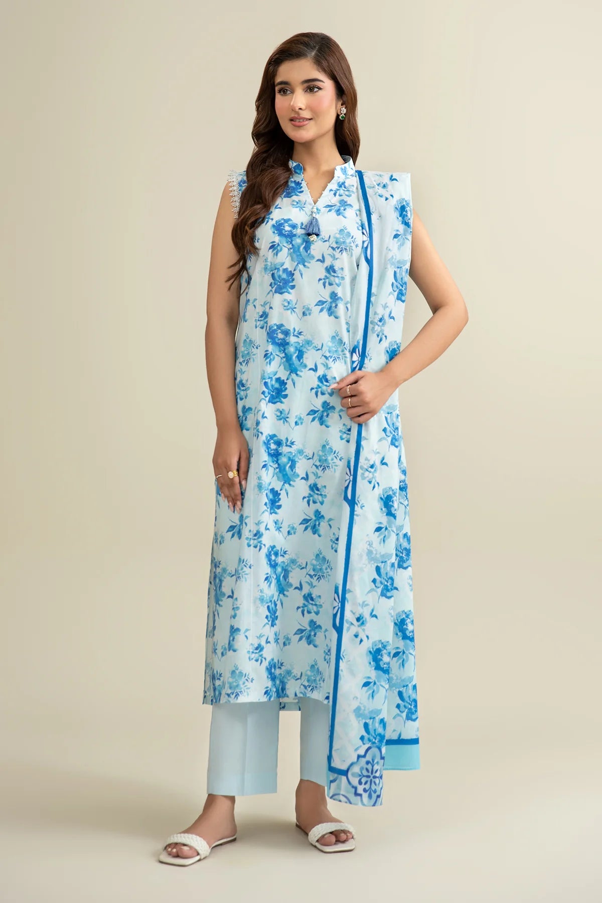 URB Ice Blue 3-Piece Unstitched Lawn Suit with Printed Dupatta