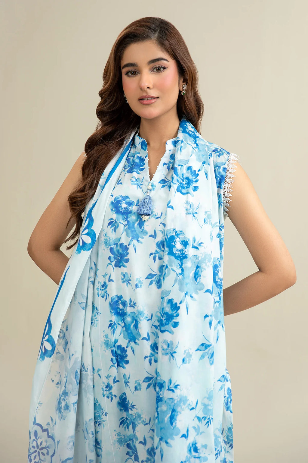 URB Ice Blue 3-Piece Unstitched Lawn Suit with Printed Dupatta