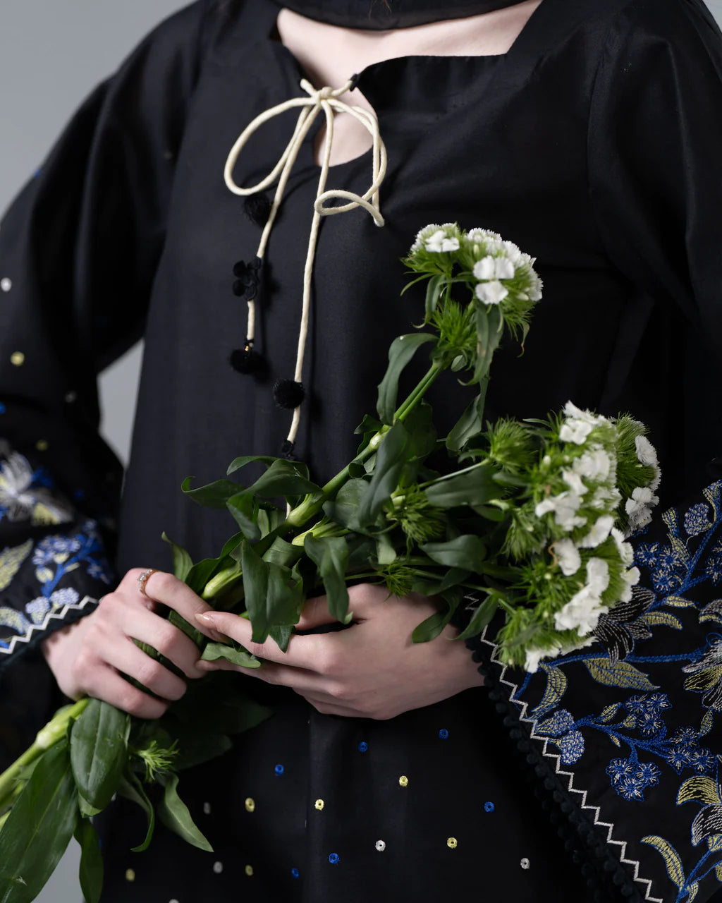 Black Embroidered Cotton Set with Organza Dupatta