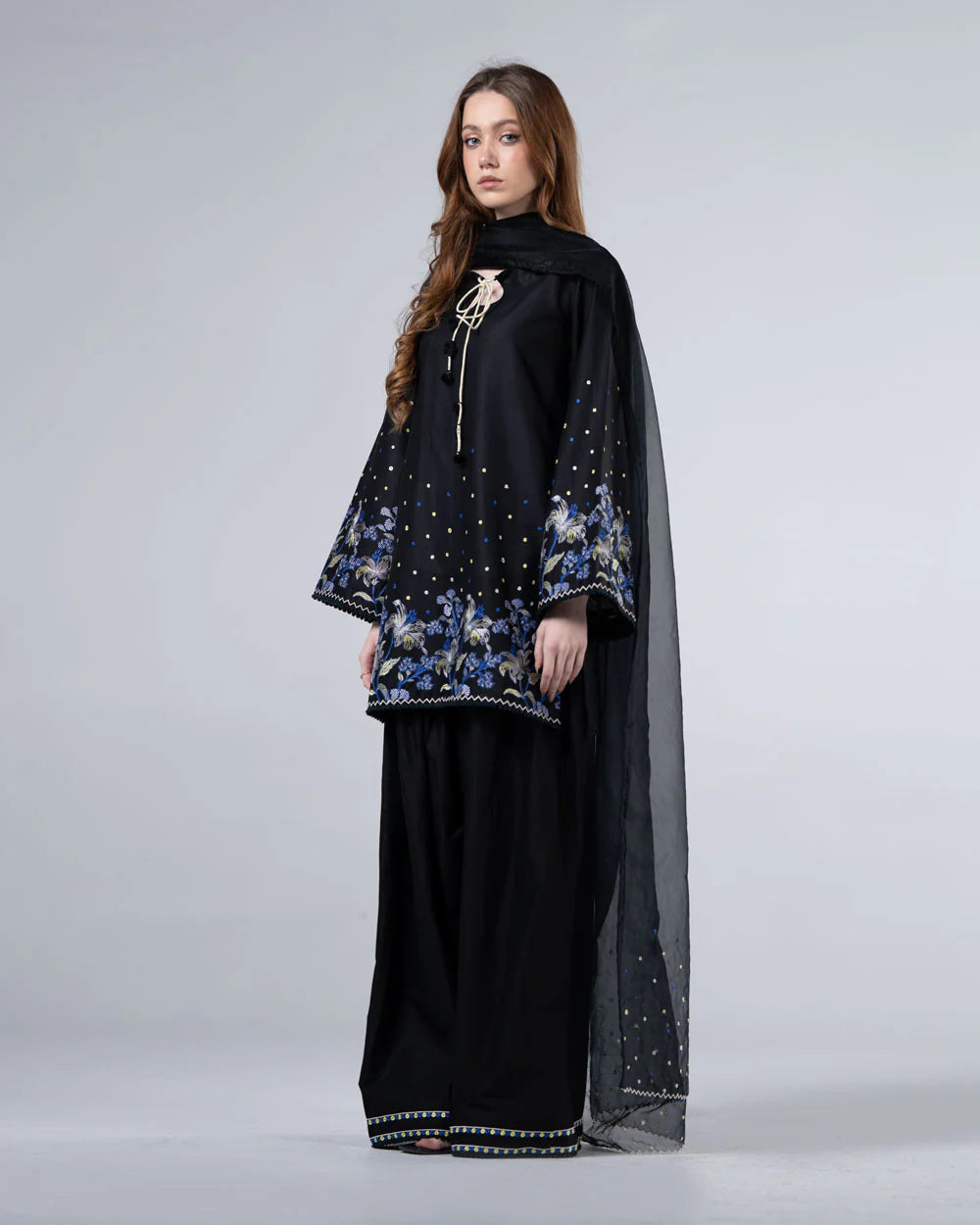 Black Embroidered Cotton Set with Organza Dupatta