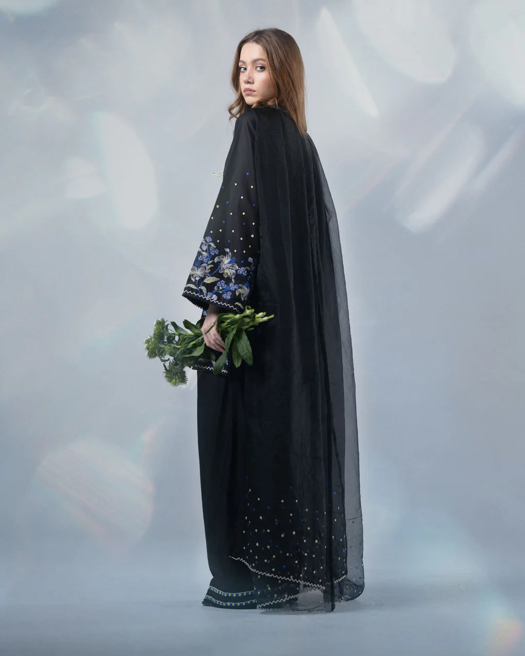 Black Embroidered Cotton Set with Organza Dupatta