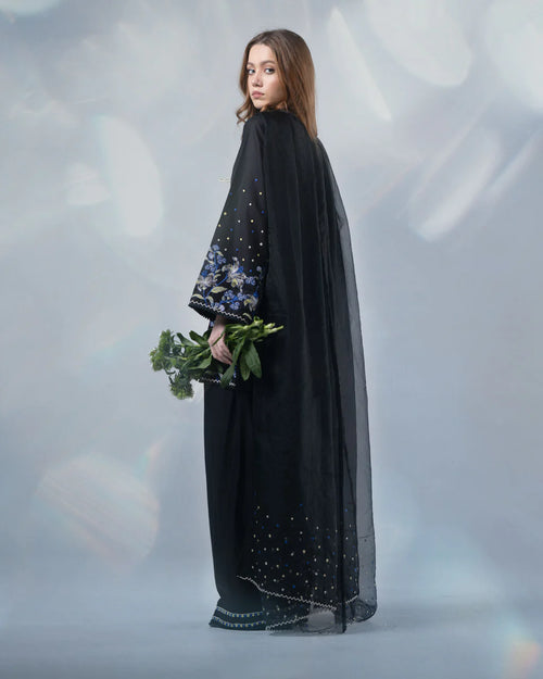 Black Embroidered Cotton Set with Organza Dupatta