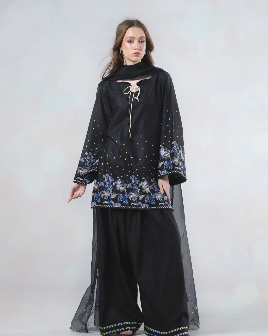 Black Embroidered Cotton Set with Organza Dupatta