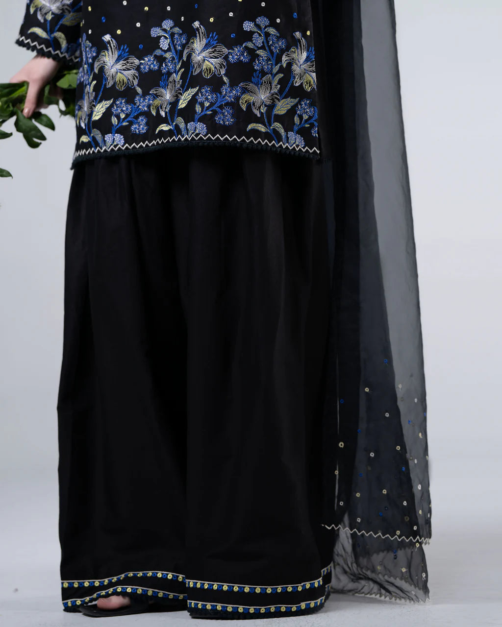 Black Embroidered Cotton Set with Organza Dupatta