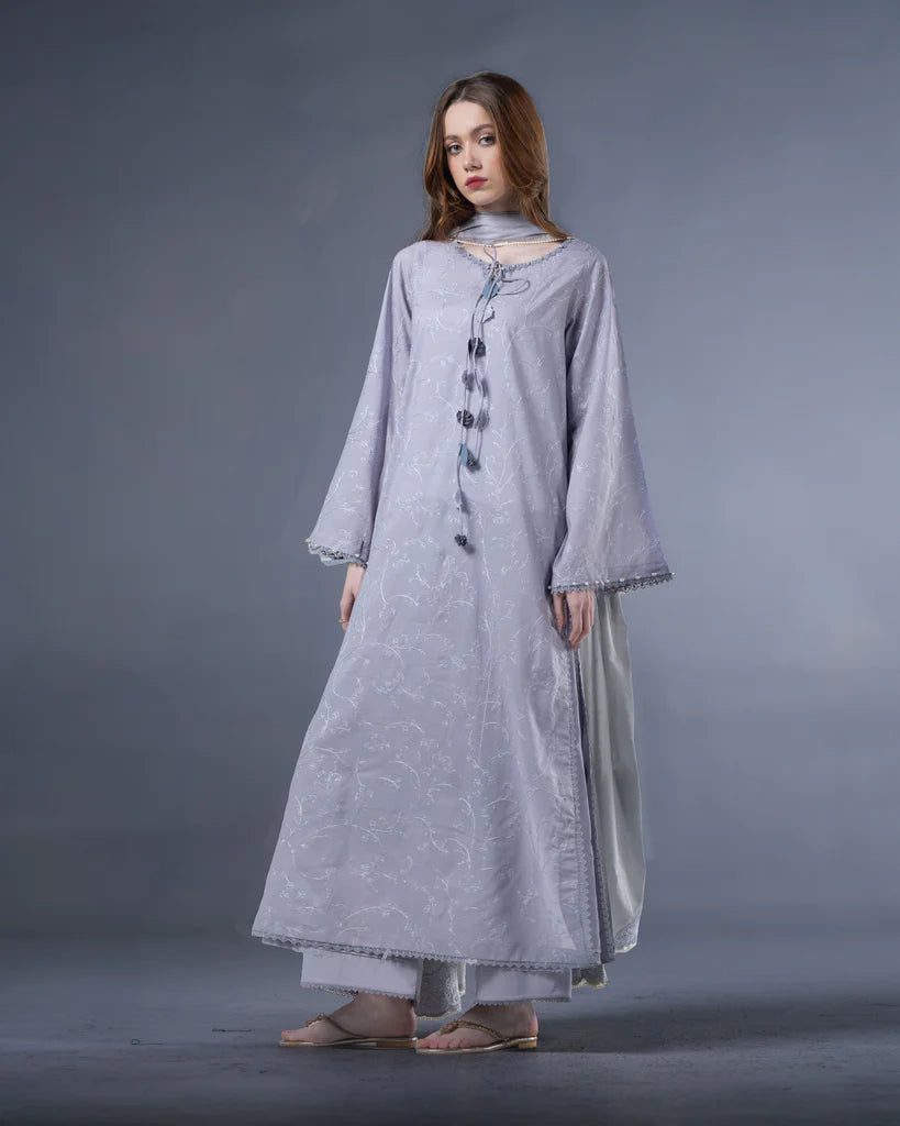 URB Soft Grey Embroidered Cotton Set with Lawn Dupatta