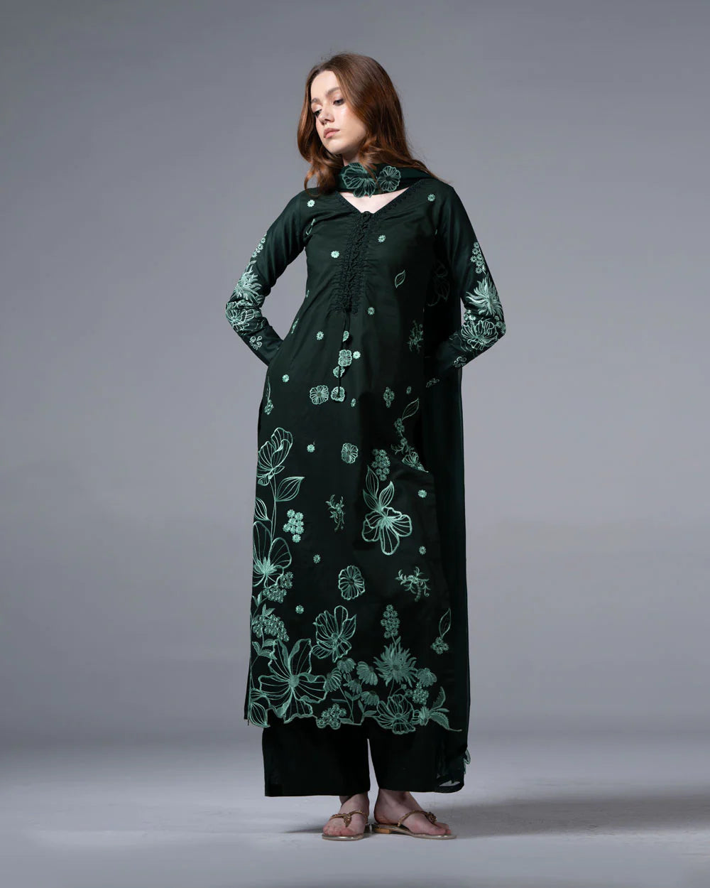 URB Dark Green Embroidered Cotton Set with Chiffon Dupatta
