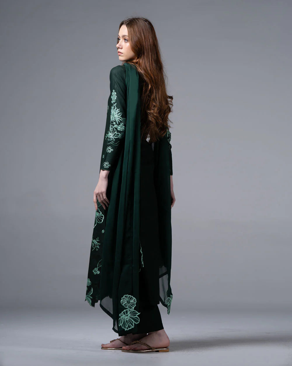 URB Dark Green Embroidered Cotton Set with Chiffon Dupatta