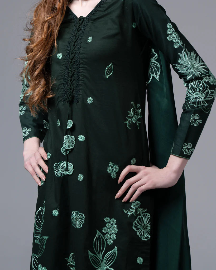 URB Dark Green Embroidered Cotton Set with Chiffon Dupatta