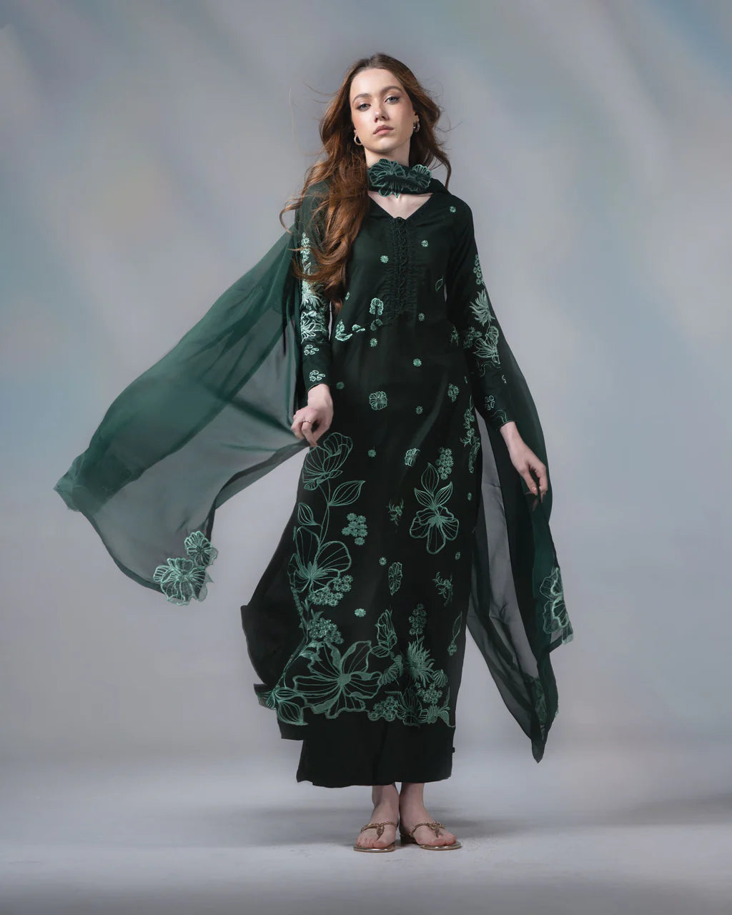 URB Dark Green Embroidered Cotton Set with Chiffon Dupatta