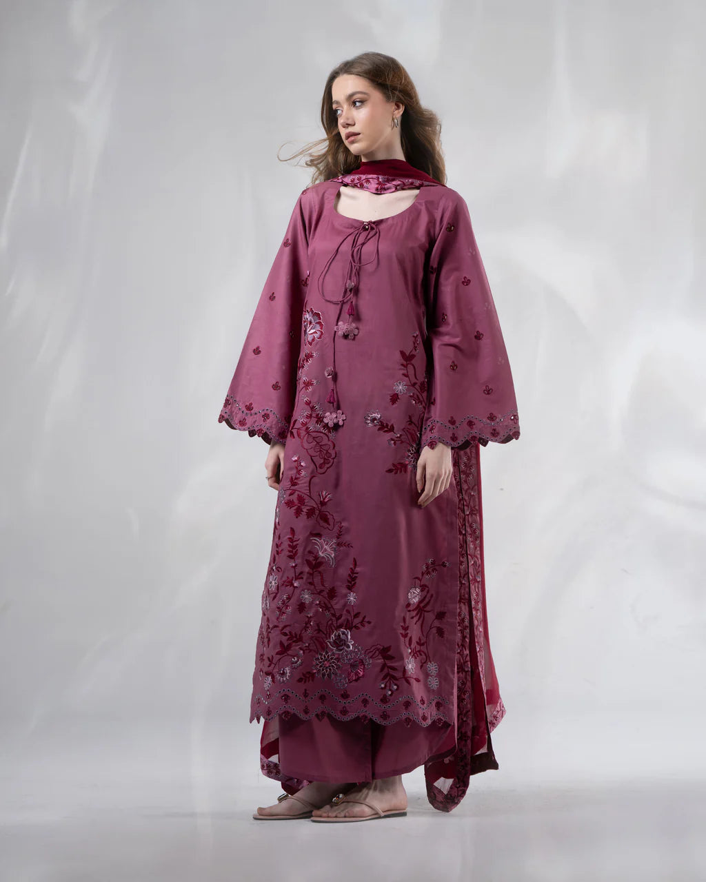 URB Dull Pink Embroidered Cotton Set with Maroon Dupatta