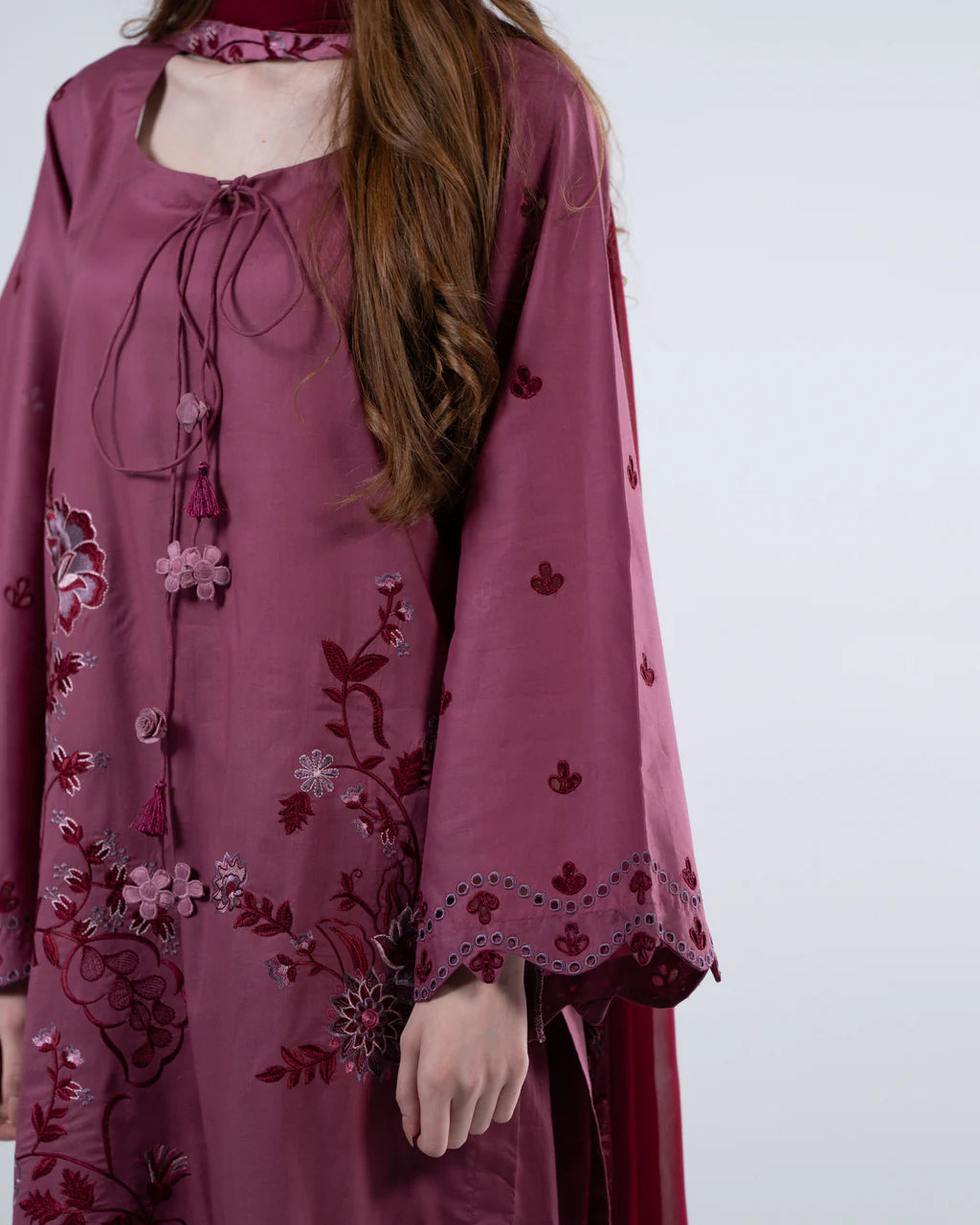 URB Dull Pink Embroidered Cotton Set with Maroon Dupatta