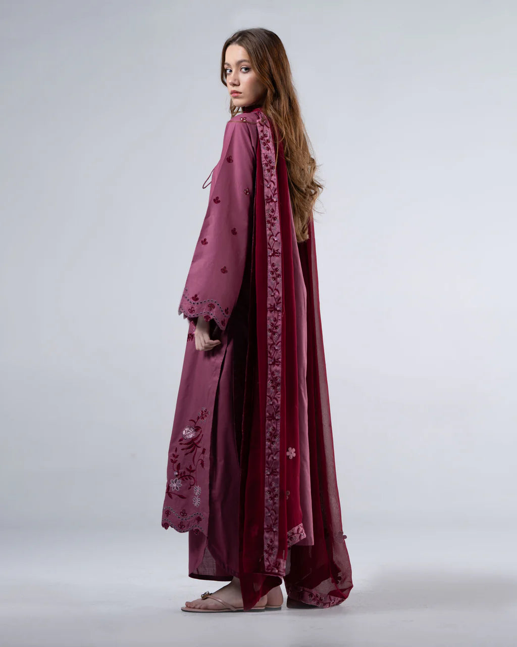 URB Dull Pink Embroidered Cotton Set with Maroon Dupatta