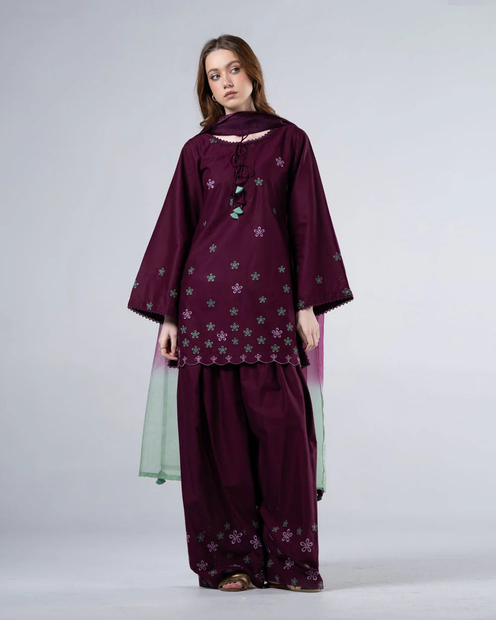 URB Dark Purple Embroidered Cotton Set with Organza Dupatta