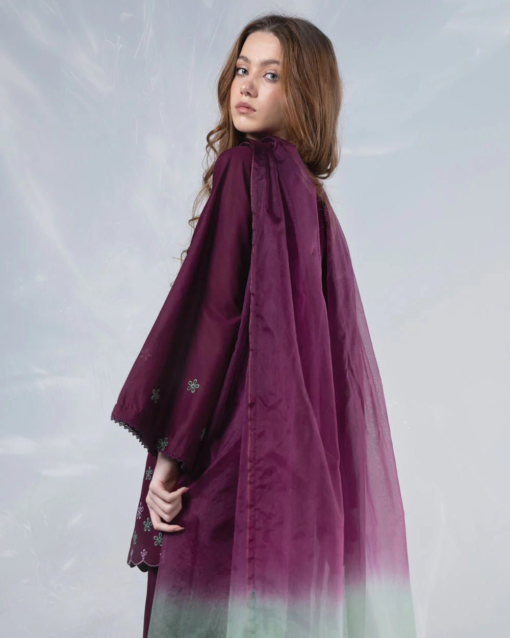 URB Dark Purple Embroidered Cotton Set with Organza Dupatta