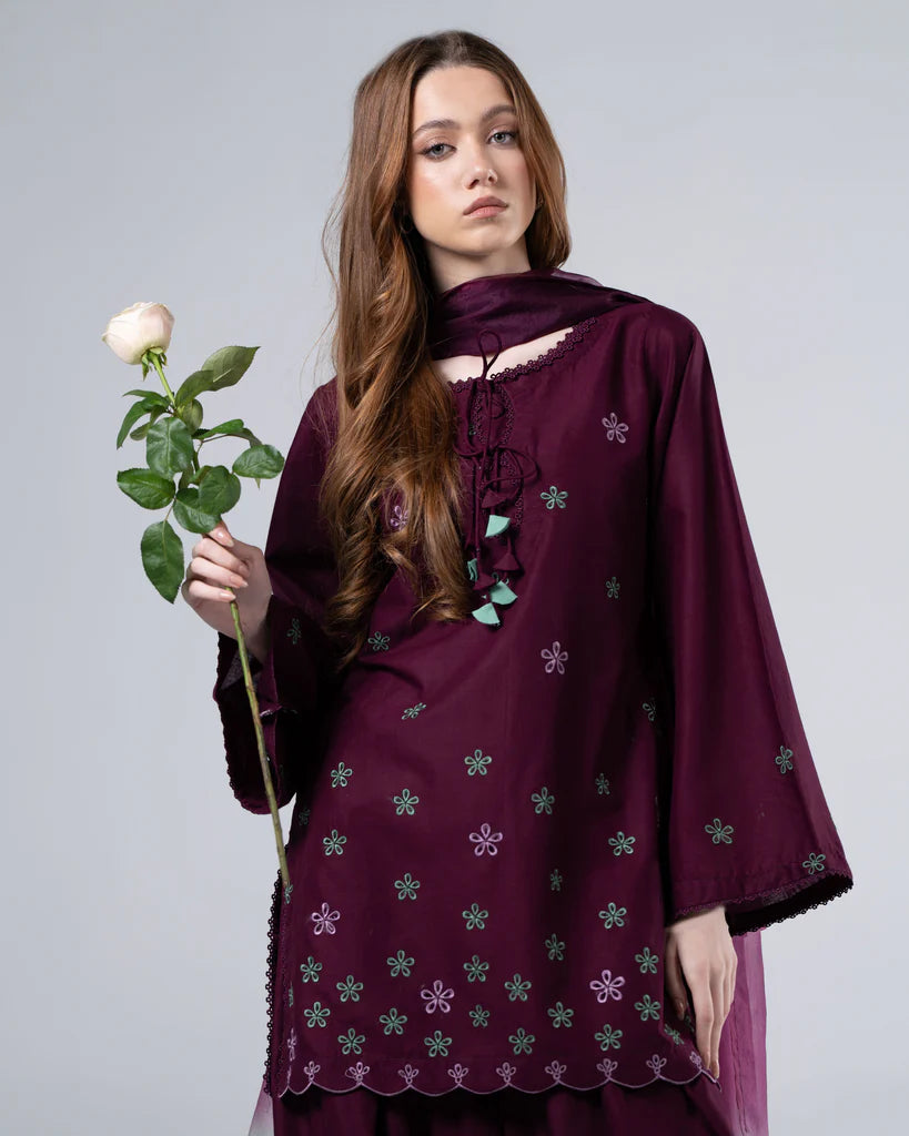 URB Dark Purple Embroidered Cotton Set with Organza Dupatta