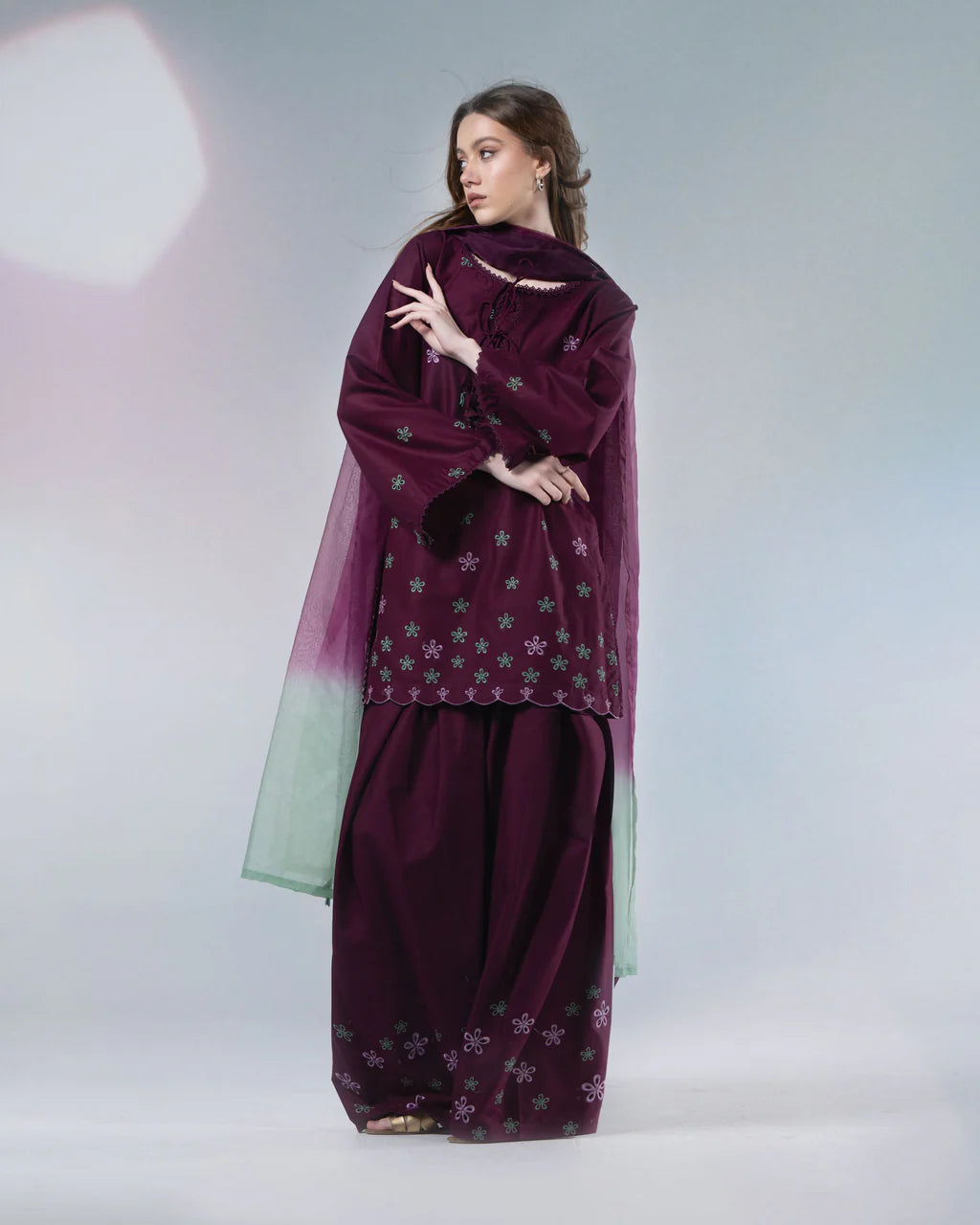 URB Dark Purple Embroidered Cotton Set with Organza Dupatta
