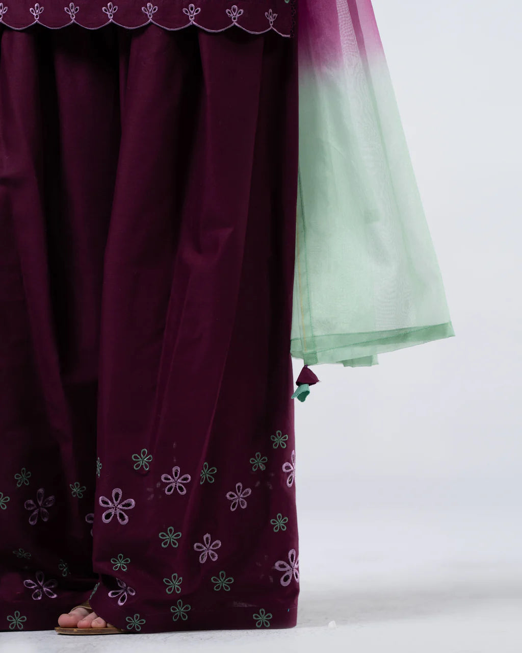 URB Dark Purple Embroidered Cotton Set with Organza Dupatta